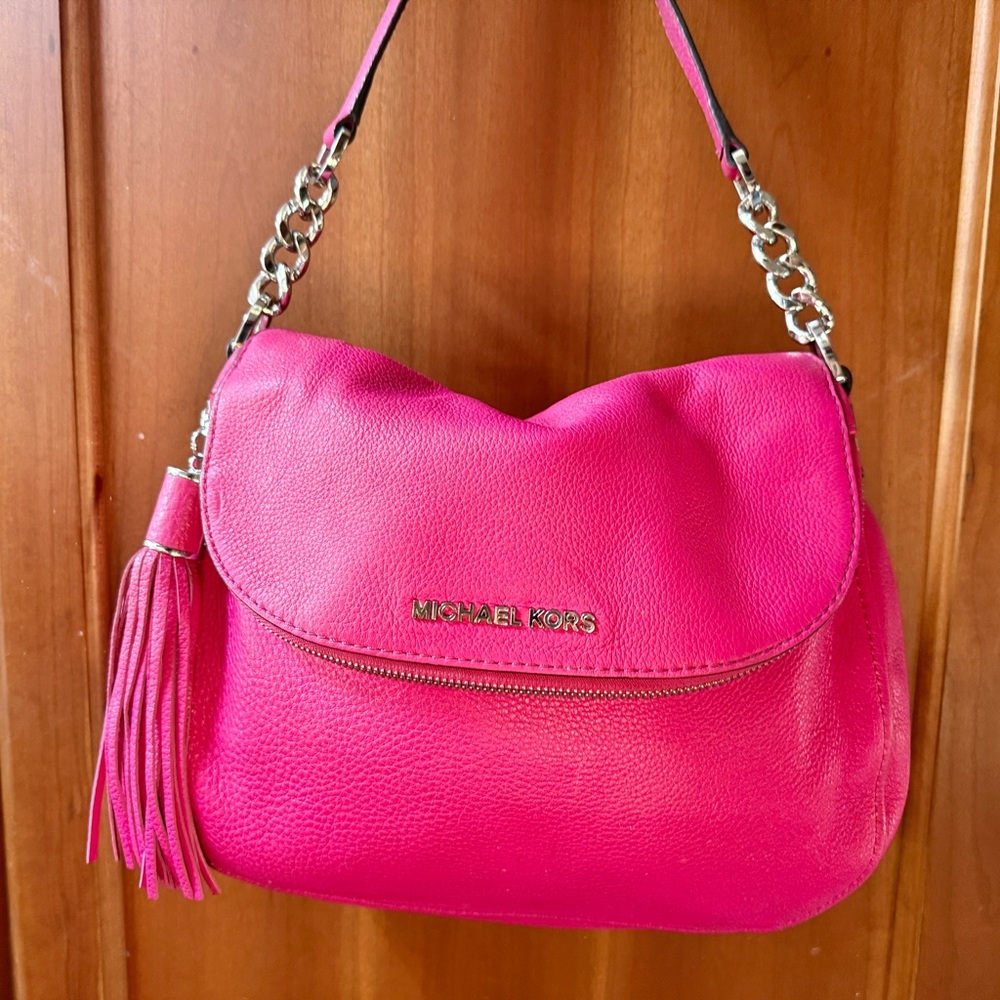 Michael Kors Pebbled Leather Bedford Flap Crossbody Bag Magenta Pink Silver